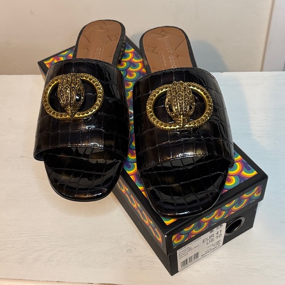 Kurt Geiger Black Slide Sandals with Gold Detail - Picture 1 of 12